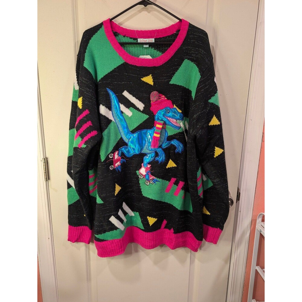 Womens Holiday Hype Ugly Christmas Sweater Skating Dino Retro 80s XXL